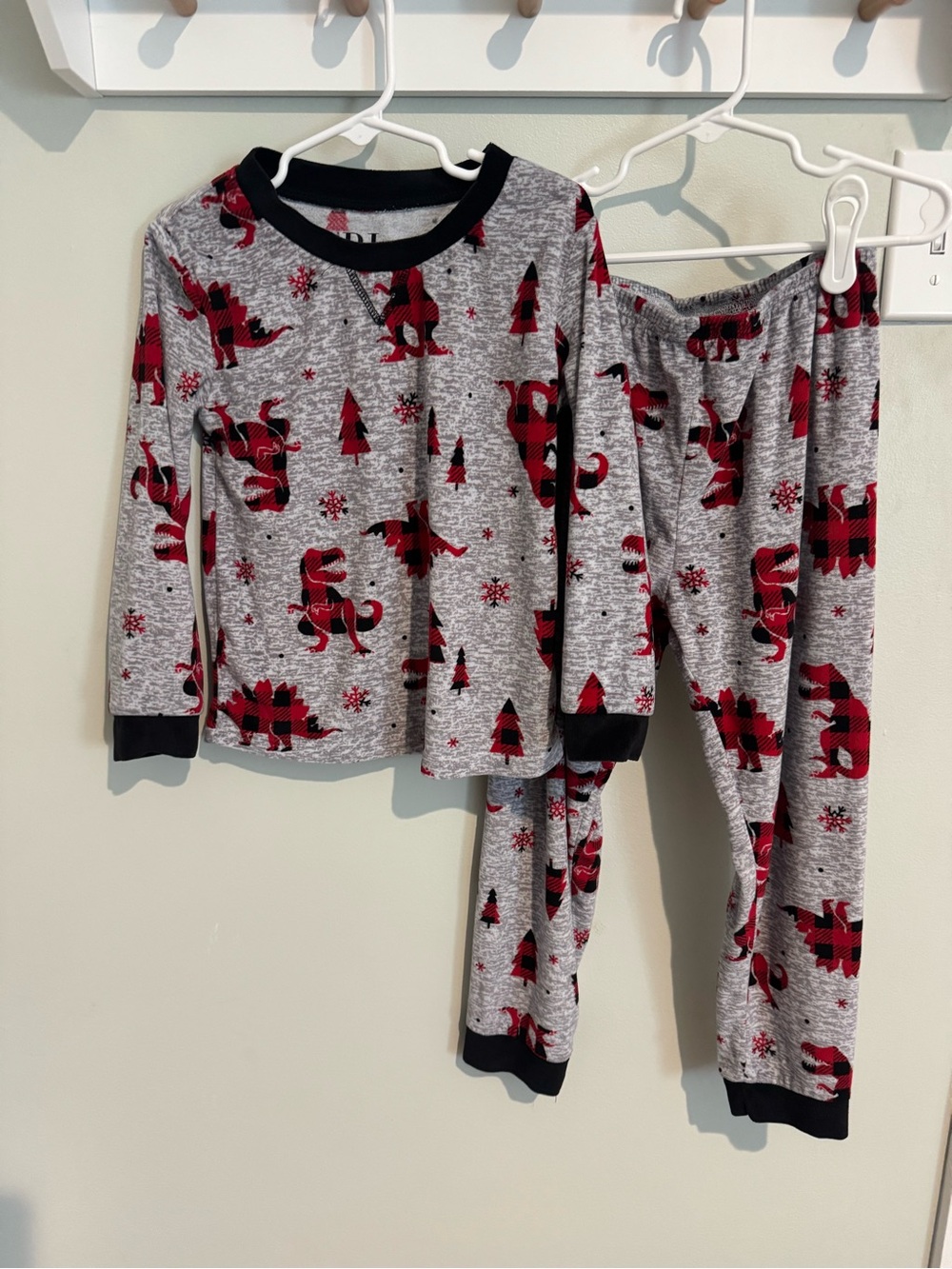 Boys size 5 PJ Essentials Grey and Red Dino Buffalo Plaid Pajama Set